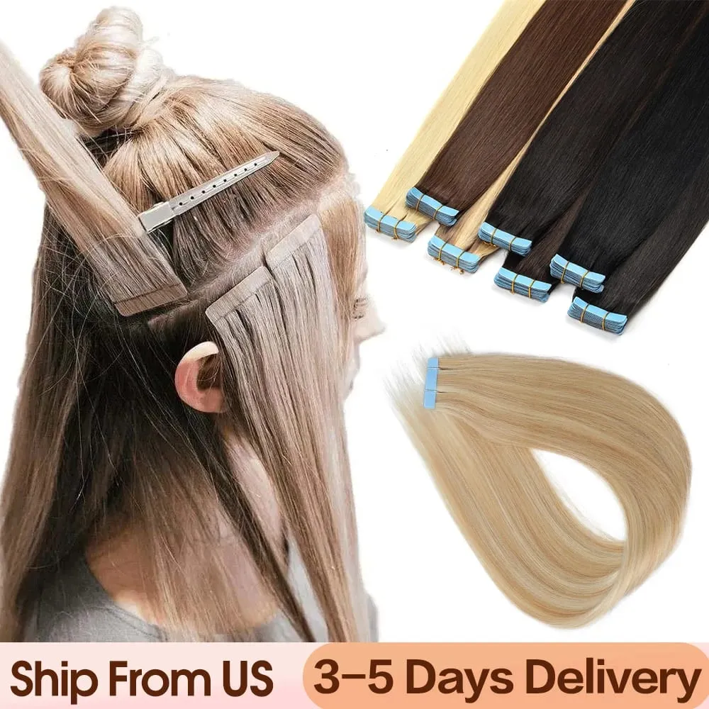 Tape in Human Hair Extensions Silky Straight Remy Skin Weft Tape Hair Extension 12-20 inch 20pcs/pack 1B Natural Black 30g for Add Volume