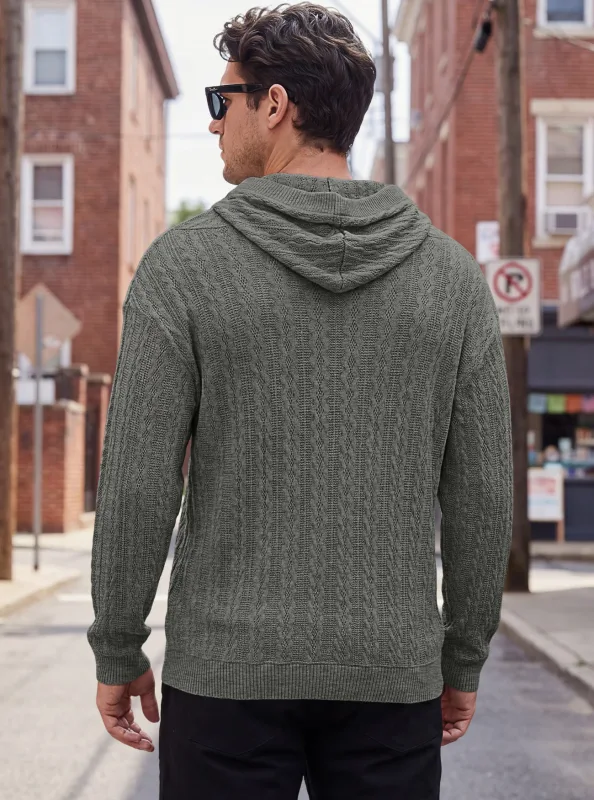 Men Thin Cable Knit Hooded Sweatshirt Drawstring Hood Kangaroo Pocket Long Sleeve Loose Casual Pullover Autumn Daily Street Tops — image 8