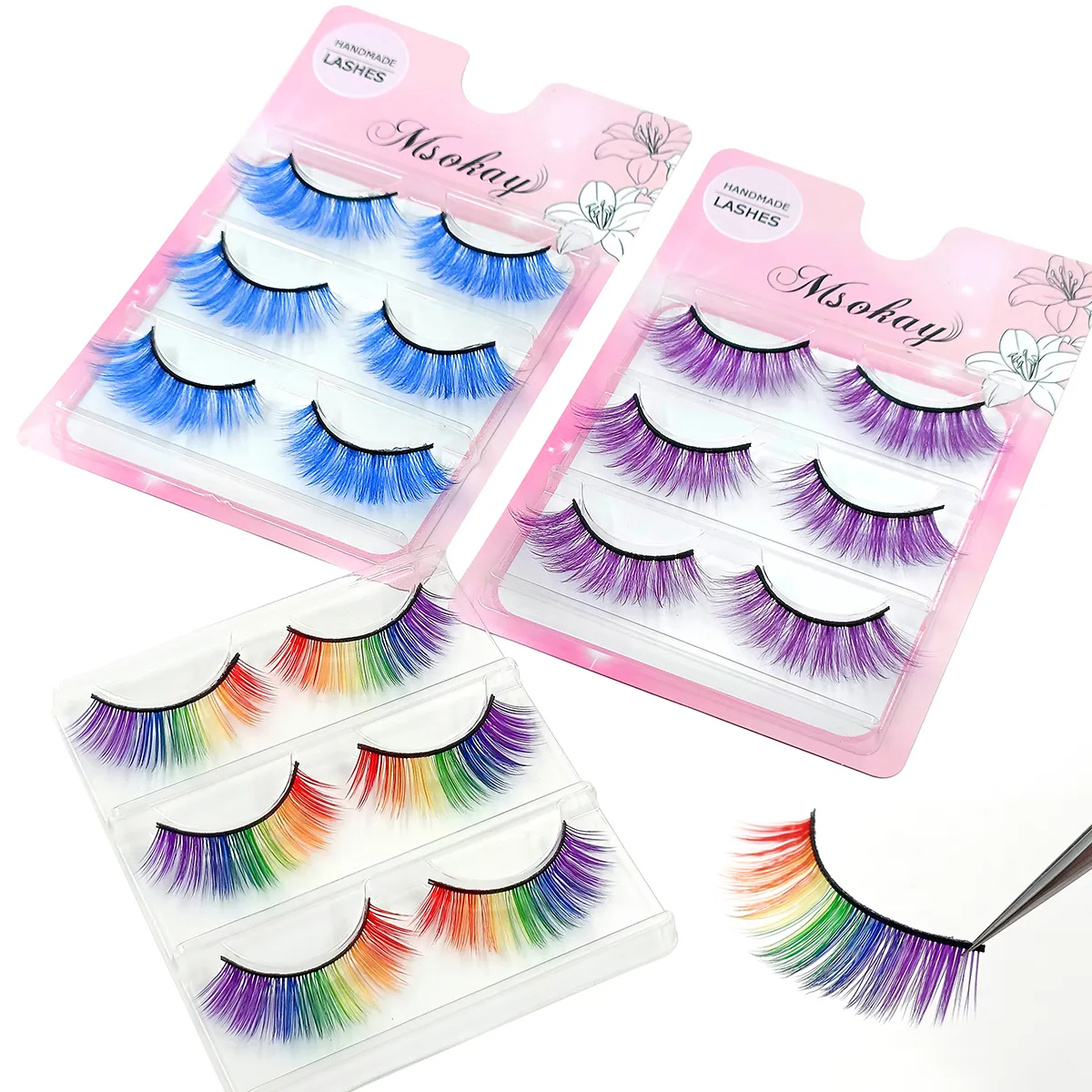 3 Pairs Rainbow Colored Eyelashes Brown Cosplay False Eyelashes Blonde Makeup Eye Lashes Colorful Blue Halloween Vegan Cilias — image 6