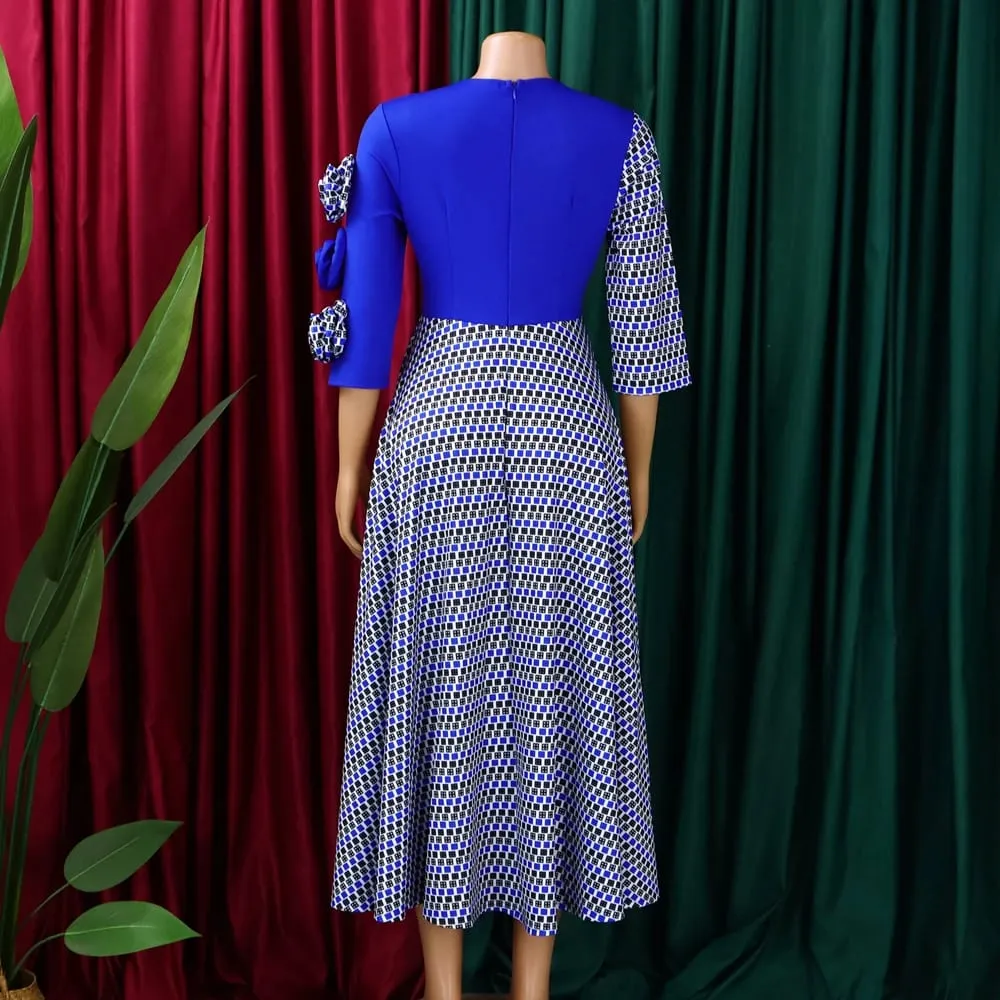 Elegant Dresses for Women 2025 Fall Fashion African 3/4 Sleeve Party Birthday New Robe Chic 3D Flower Plaid Evening A-Line Dress — image 6