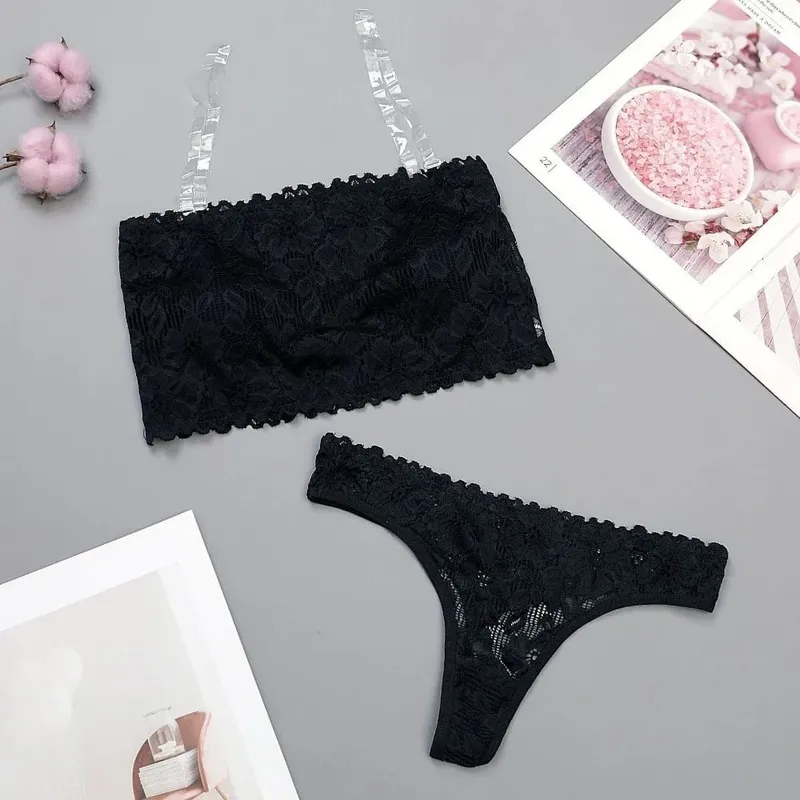 Lace Sheer Flower Thong Bra Set Invisible Straps Embroidery Floral Panties Bra Kit Lingerie Hollow Underwear for Women