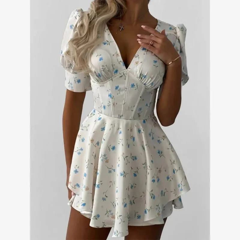 Elegant Floral Printed Mini Dress Women V-neck Short Sleeves Waist Cinching Ruffle Hem Dresses 2026 Lady Summer Vacation Robe — image 11