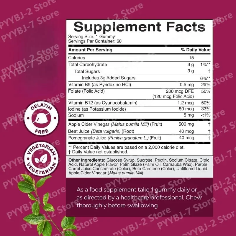 Apple Cider Vinegar Gummies with Vitamin B6 B12 & Folate Metabolism & Energy Gut Health Support 60 Gummies — image 6