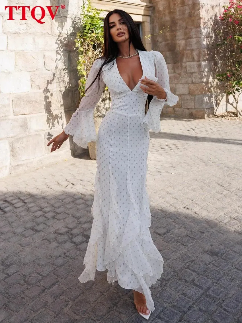 Sexy Slim Print Women's Dress 2025 Fashion V-Neck Long Sleeve Ankle Length Dresses Elegant Classic Ruffles Female Dress — image 1