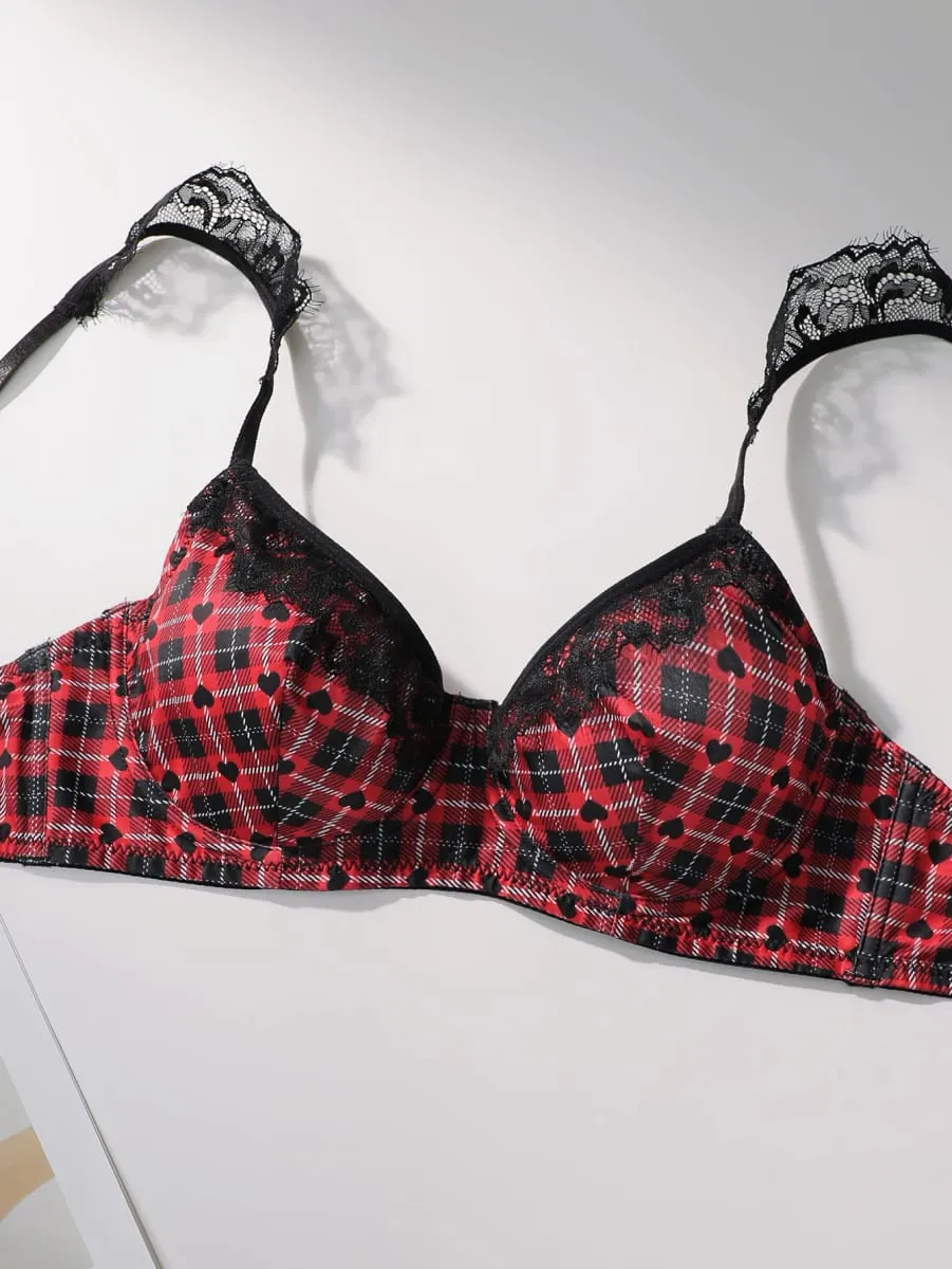 Women Plaid Heart Print Lingerie Set Lace Spaghetti Strap Bra At Panty Set Soft Comfortable Ladies Intimate Sleep Underwear Set — image 3