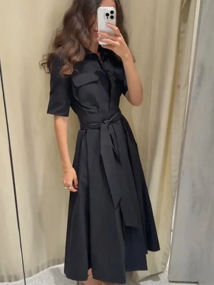 Elegant Maikling Manggas Lapel Midi Dress Para sa Babae Chic Solid Single Breasted Waist Long Dress Lady Holiday Evening Party Vestidos — image 2