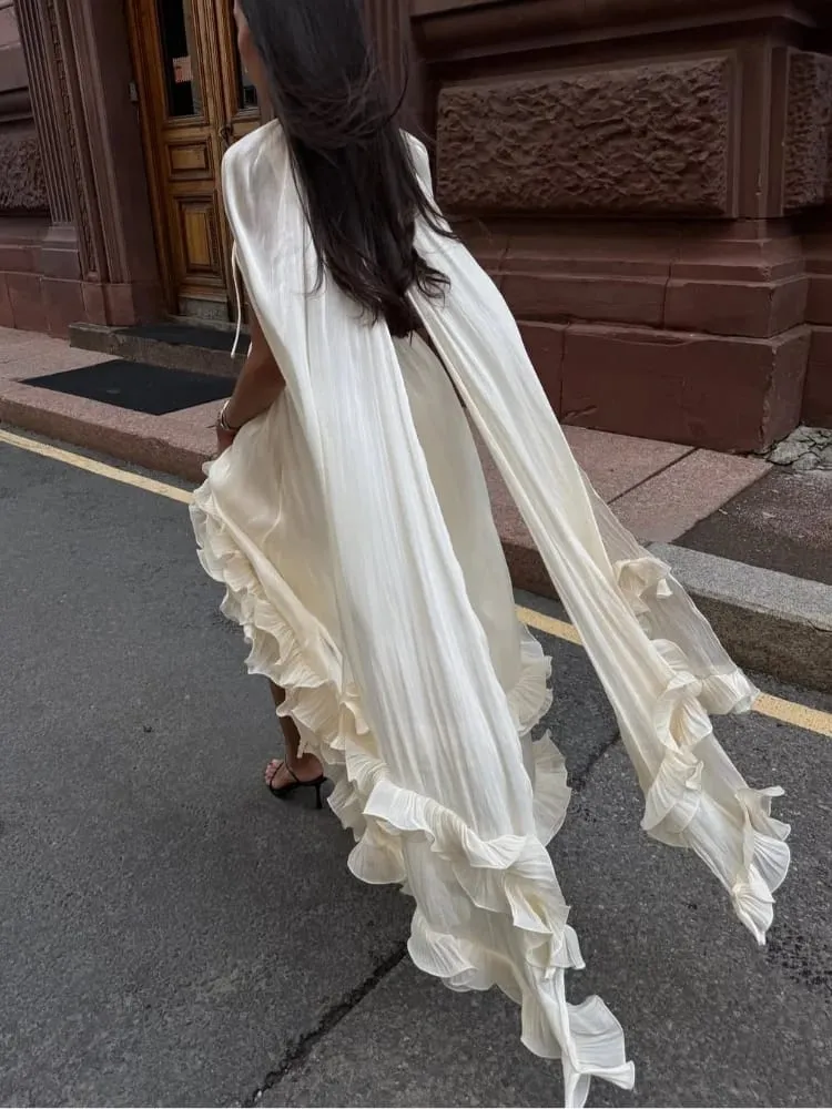 Solid Multi-layer Ruffled Maxi Dress Women Elegant Sleeveless Off-shoulder High Waist Dresses Lady New Chic Vacation Party Gowns