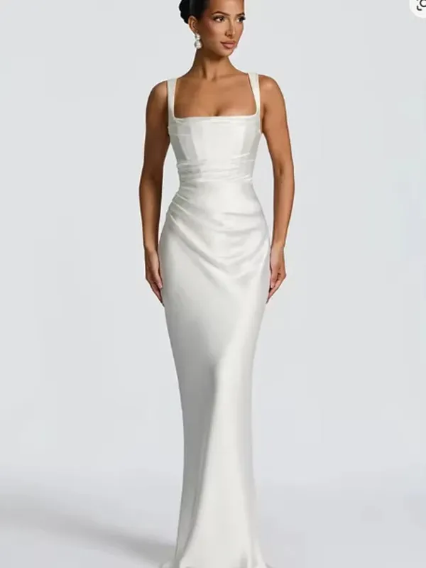 Elegant Scarf Collar Sling Women Summer Dress Solid Sleeveless Off-shoulder Slim Maxi Dresses 2026 Lady Chic Evening Party Gown — image 14