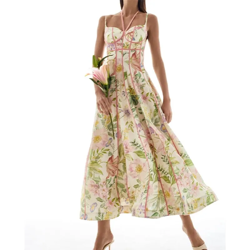 Feminino retro floral impressão espartilho maxi vestido sexy sem mangas halter pescoço flowy vestido longo senhora verão férias namoro streetwear