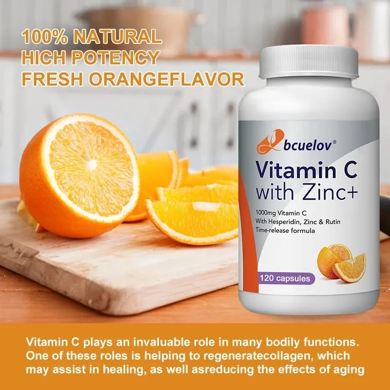 Organic Vitamin C + Zinc Capsules High Absorption Immune Support Antioxidant Collagen Health Supplement - 30/60/120 Counts