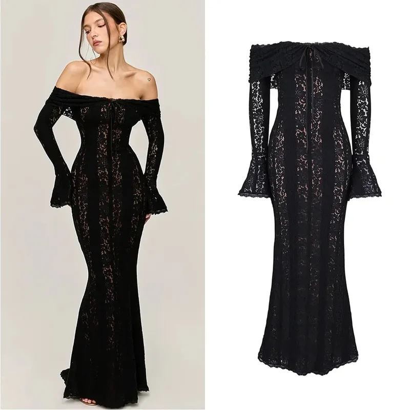 Oligai Elegant Off The Shoulder Bodycon Dress 2024 Nytt i vitt Flare Sleeve Lace Maxiklänning Bröllopsgästklänning för kvinnor — image 9