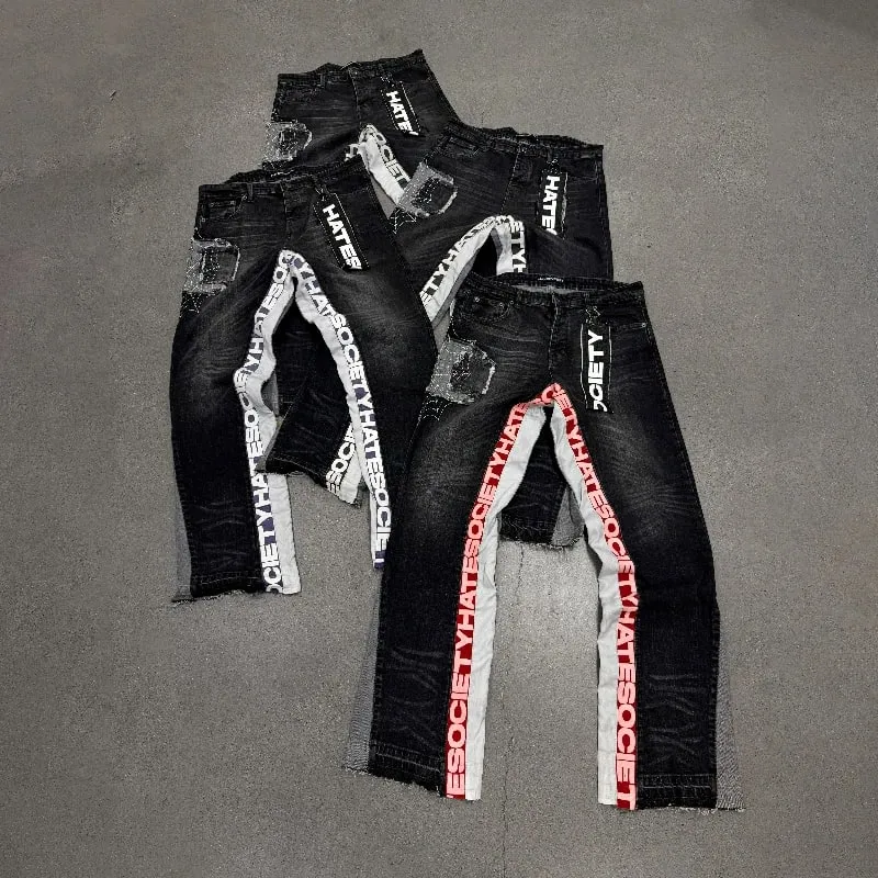 Y2k Hate Society Flared Jeans Men Retro Spider Web Embroidery Washed Jeans American Hip Hop Streetwear Unisex Bootcut Jeans