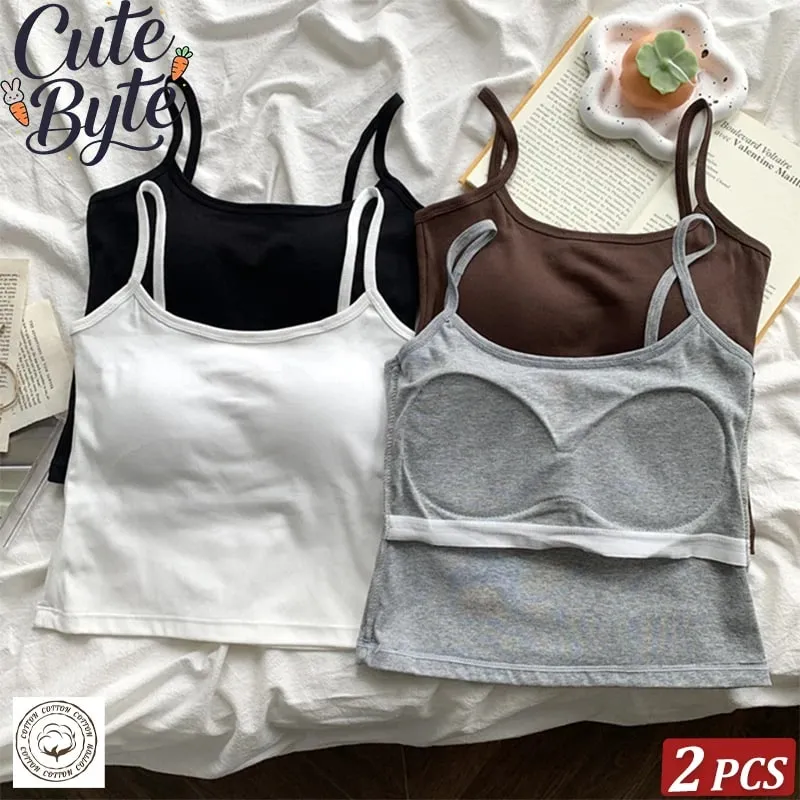2PCS/SET Women's Basic Cotton Camisole madam Solid Color Spaghetti Straps Sleeveless Slim Vests Breathable Short Sleeveless Tops — image 2