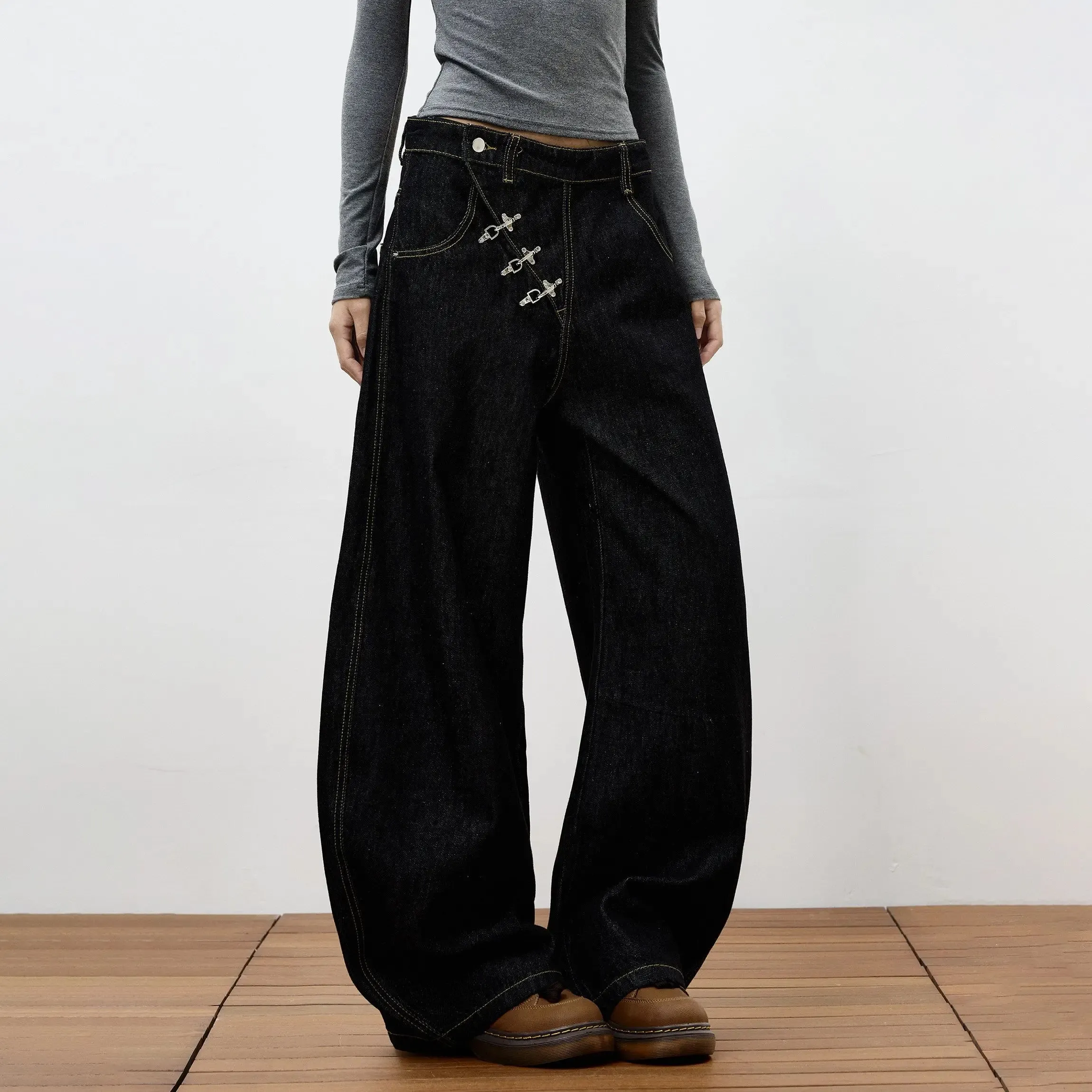 High Retro Hip Hop Wide Leg Raw Denim Jeans Women Airplane Buckle Design Curved Hem Floor Length Jeans Streetwear Daily Clothes — image 4