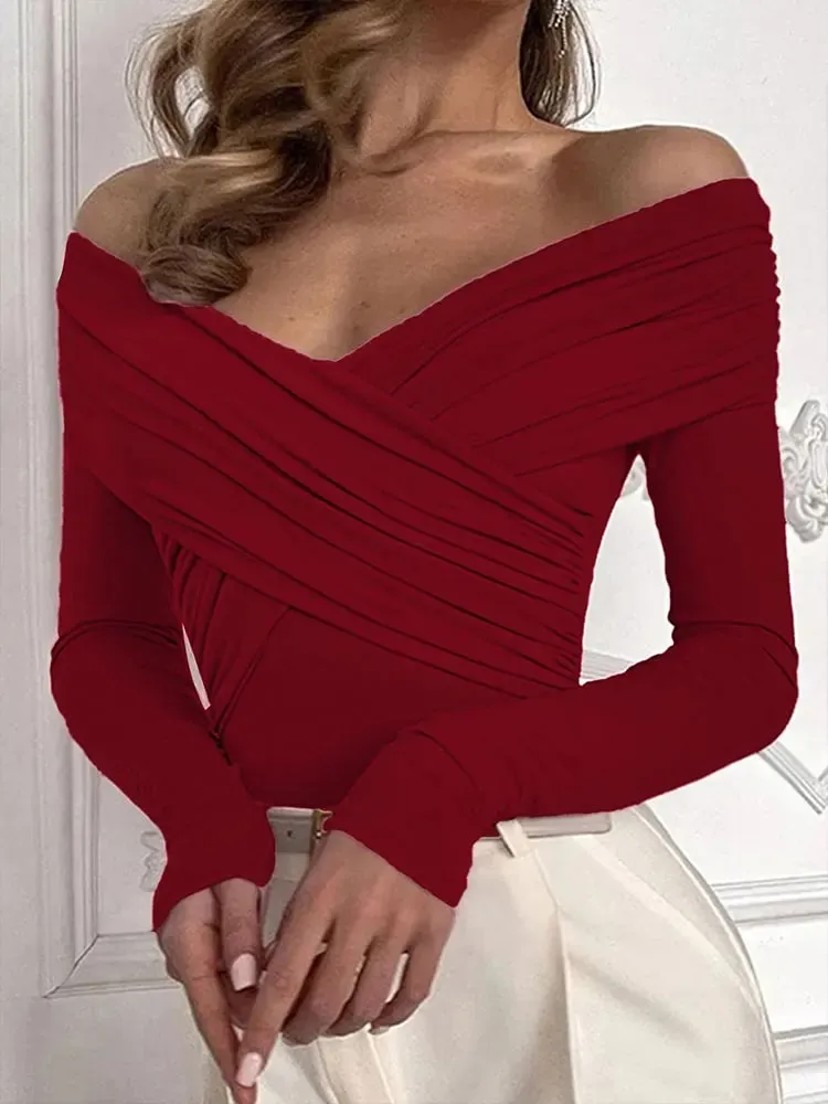 Red Sexy New Women's Bodysuits Spring Backless Corset Slim Fashion Crossed Bodysuits Long Sleeves Casual Female Elegant Rompers — image 2