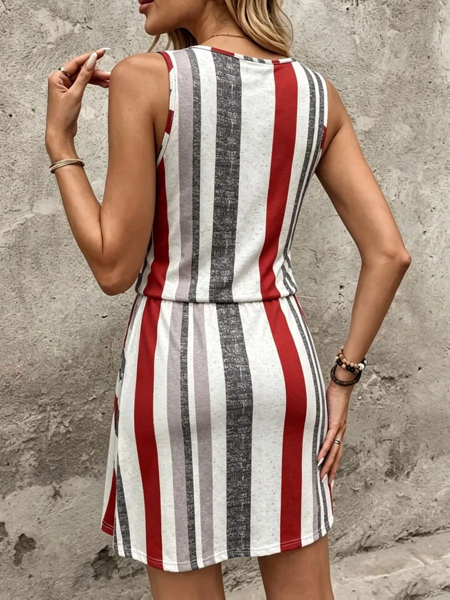 Summer Style Red White and Gray Striped Print Drawstring Waist Sleeveless Dress Suitable for Women's Beach Vacation Dresses — image 3