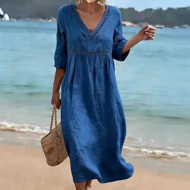Summer V Neck Half Sleeve Loose Beach Holiday Dress Women Casual Hollow Out Design Solid Color A-line Midi Dress Boho — image 5