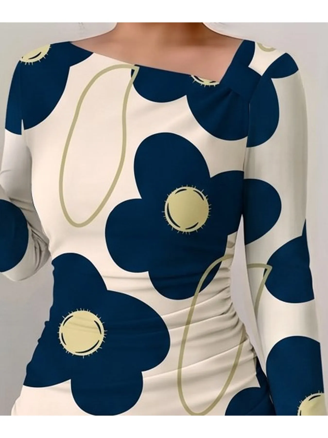 Women's Casual Comfortable Slanted Shoulder Collar Dress with Flower Print Long Sleeves Waist Bag Hip Mini Skirt Length — image 5