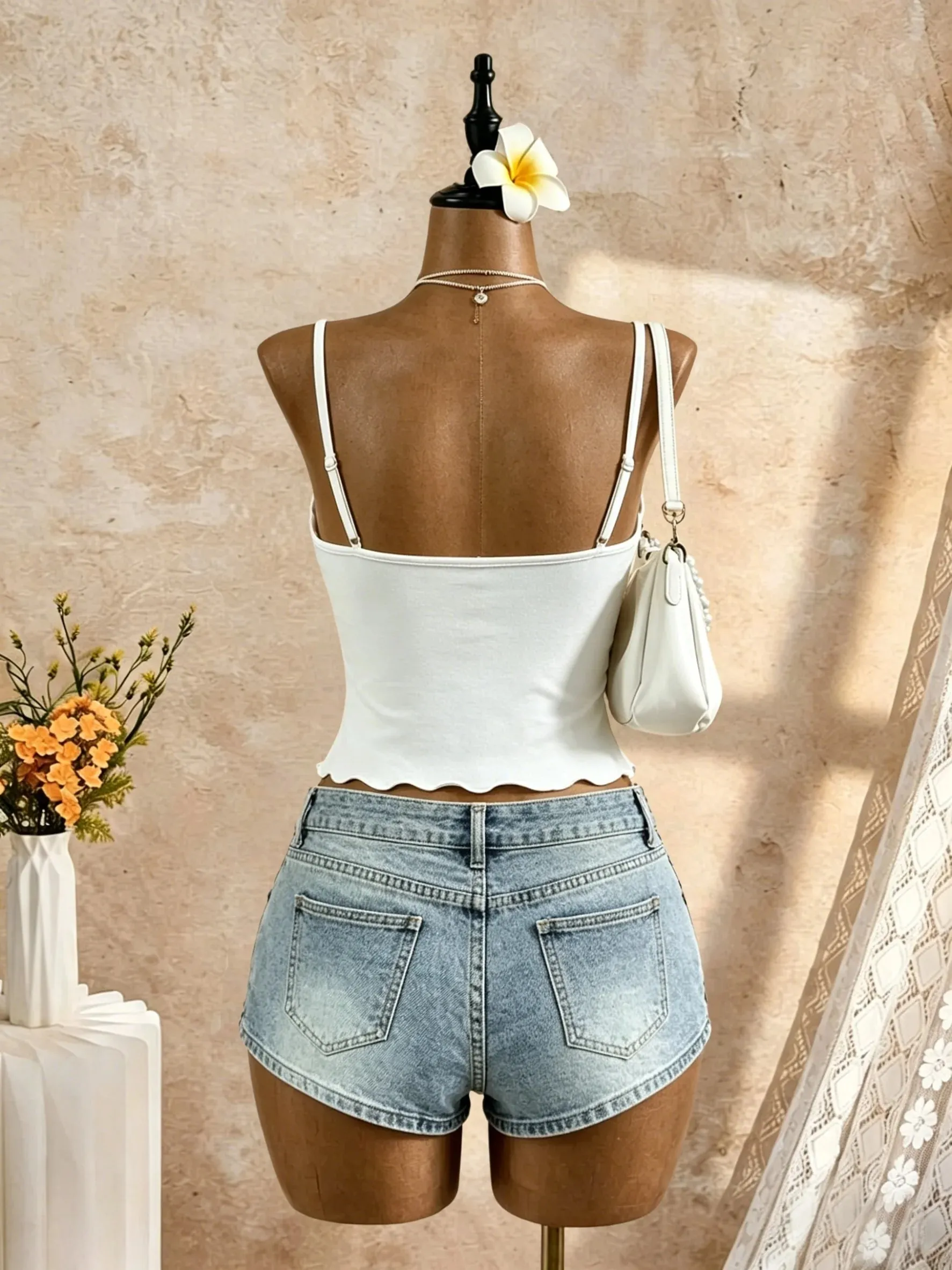 Women Spaghetti Strap V Neck Twist Front Cut Out Ruffle Irregular Hem Slim Fit Crop Cami Top 2026 Summer Y2K Solid White Sleevel — image 2