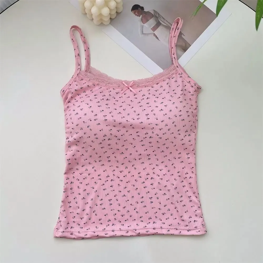 Sweet Floral Tops Lace Flower Print Camis Elegant Y2K Short Tank Tops Slim One Size Sexy Vest Lady — image 12