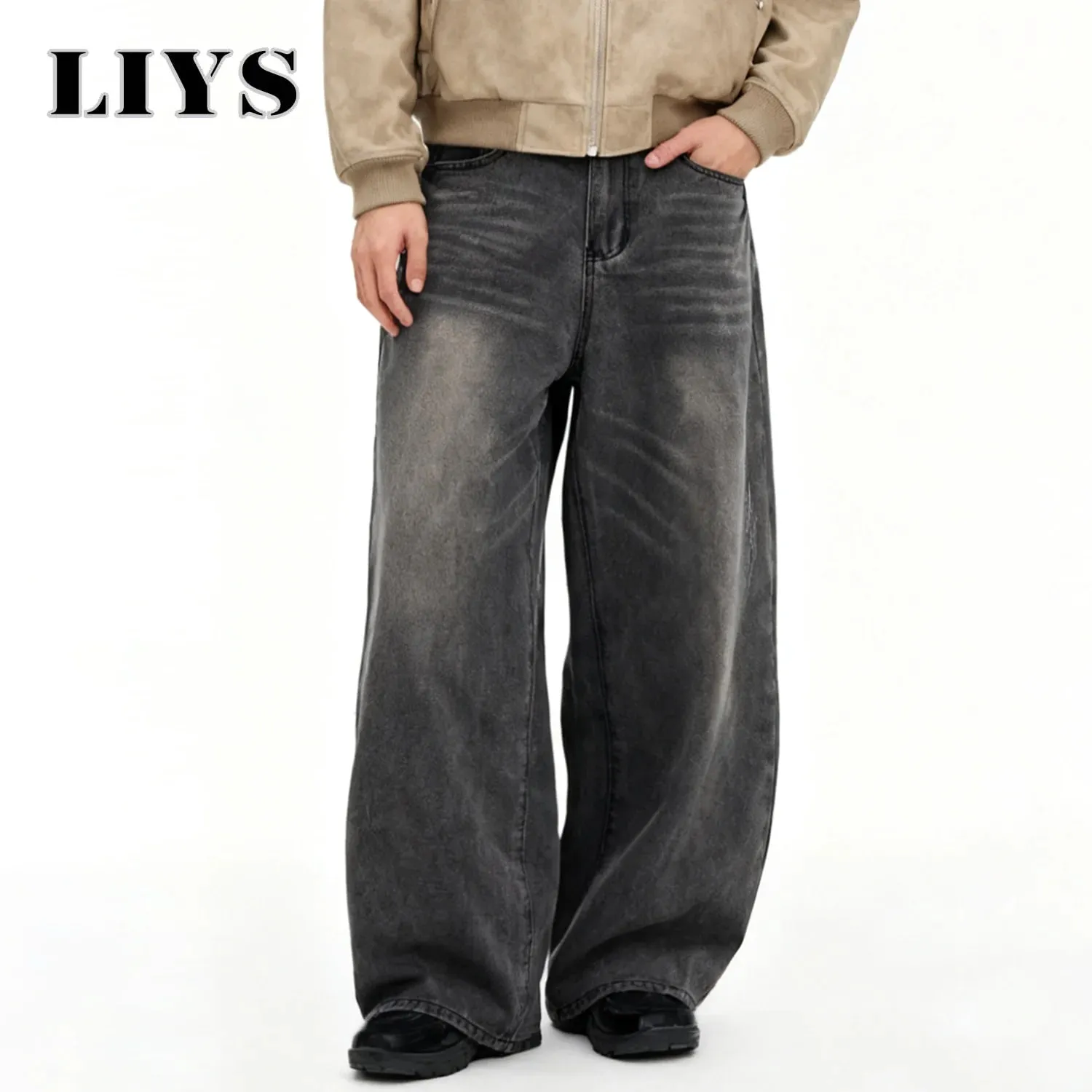 Men's American Retro Gray Baggy Wide Leg Jeans Daily Business Casual Loose Straight Leg Denim Pants Four Seasons Men's Clothes — image 3