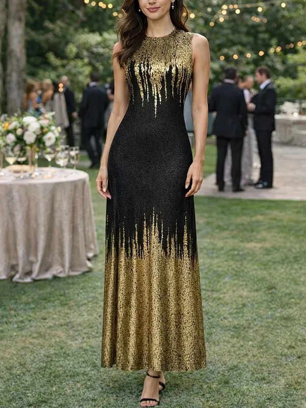 Womens Elegant Round Neck Sleeveless Wedding Evening Party Floor Length Black Gold Mermaid Hem Sequin Formal Dress
