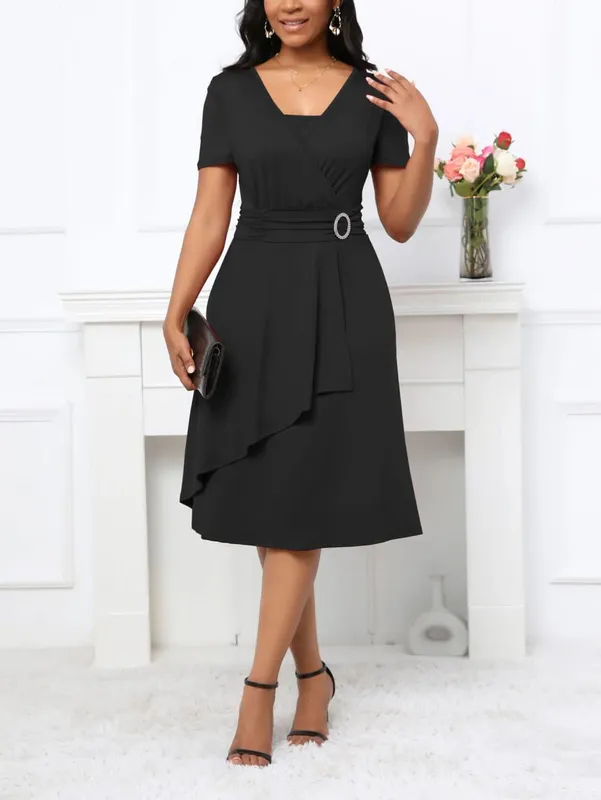 Womens Short Sleeve Summer Square Neck Casual Wrap Fit And Flare Solid Color Swing Midi Dress