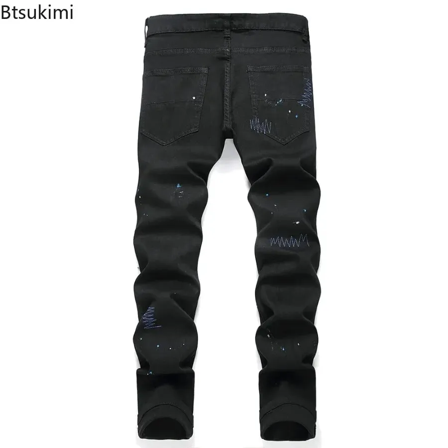 2026 New Men's Fashion Crystal Cross Stretch Denim Jeans Holes Ripped Distressed Black Pants Embroidery Slim Tapered Trousers — image 3