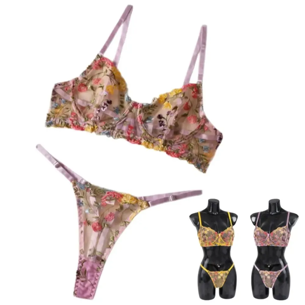 2-Piece Fashion Floral Lingerie Set Embroidery Versatile Underwear Intimates Underwire Push-up Sheer Bra Panty Set For Lady Girl — image 1