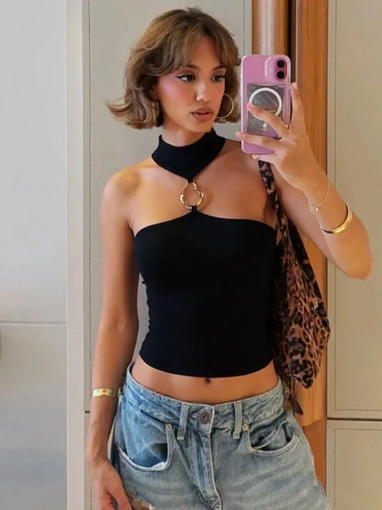 Metal Buckle Decoration Tank Tops Women Turtleneck Off Shoulder Skinny Stretch Street Fashion Wild Style Solid Outfits — image 6