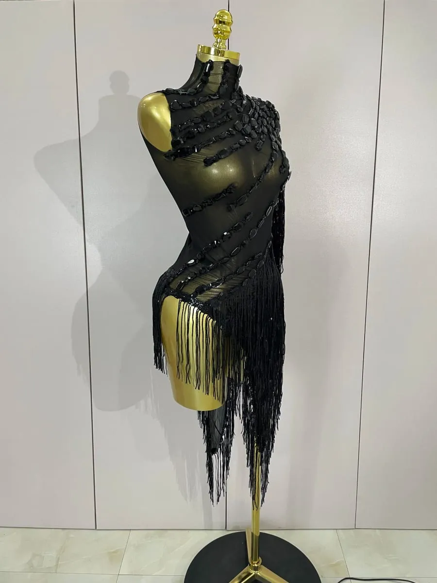 Novo brilhante strass borla sexy transparente vestido feminino um ombro roupas de dança latina bares boate festa palco traje — image 4