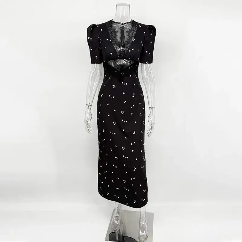 Sexy Hollow Lace Dress Women's Fashion Short Sleeve Elegant High Waist Slim Print Dress Summer Party Club Clothes Female 2026