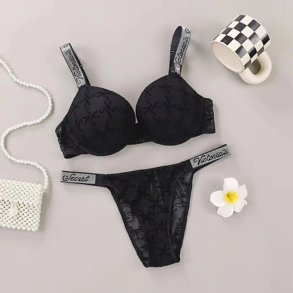 Victoria Secret Sexy Lingerie Set Very Sexy Logo Shine Strap Embossed VS Lace Push Up Bra Shine Script Thong Panty