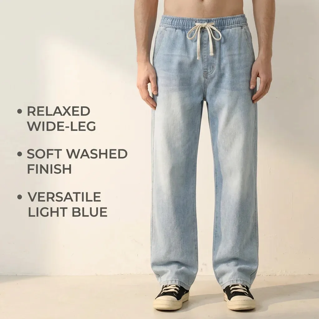 Men's Light Blue Elastic Waist Drawstring Loose Jeans Spring Summer Autumn Winter Versatile Comfortable Fit Casual Denim Pants — image 2