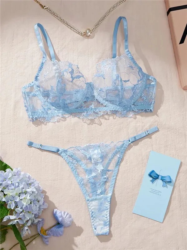 Transparent Underwear Thong New Fashion Sexy Lingerie Set Embroidery Romantic Bra Brief Set Lace See Through Blue Exotic Sets