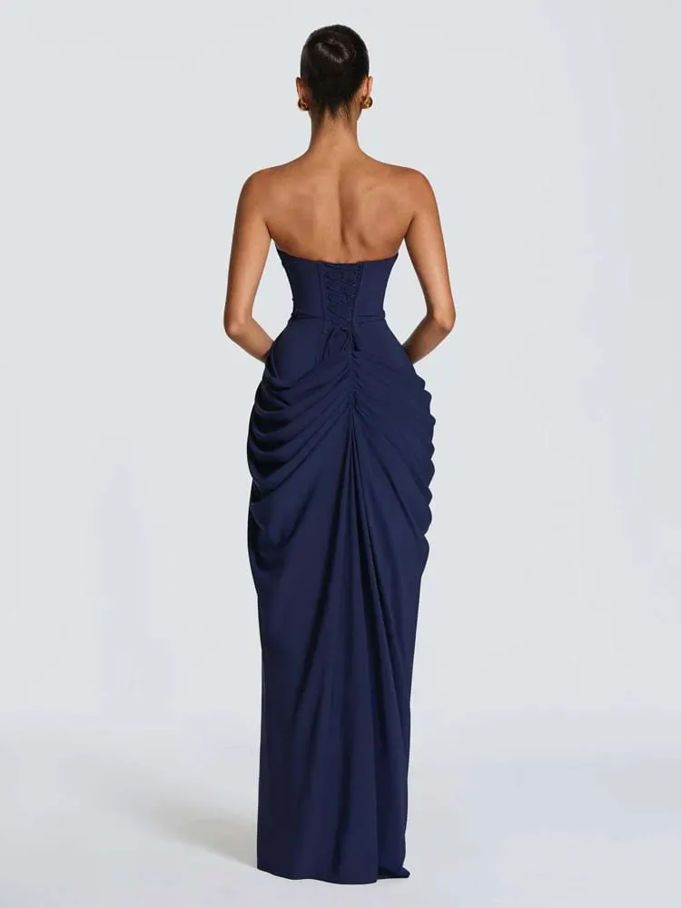 Elegant Solid Pleated Strapless Maxi Dress Yellow Off-shoulder Backless High Waist Split Robe 2026 New Lady Evening Party Gown — image 5