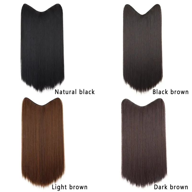Synthetic 24Inch Long Straight One Piece Hair Extension 4 Clips V-shaped Hairstyle Black Brown Hairpiece for Women Daily Use — image 3