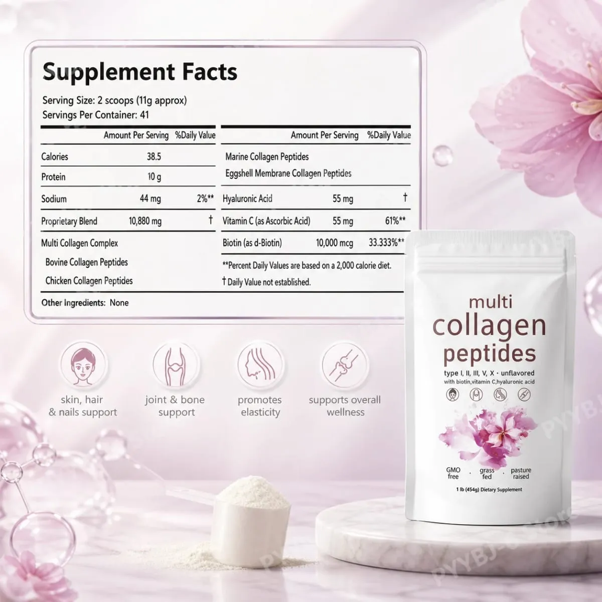 Multi Collagen Peptides Powder 454g Unflavored Collagen Blend na may Vitamin C Biotin Hyaluronic Acid Skin Hair Nails Support — image 6