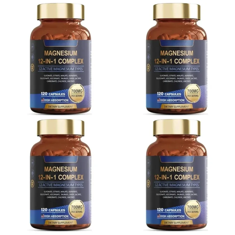 Non-GMO Magnesium Complex 700mg with 12 Active Forms High Absorption 120 Capsules Gluten Free Vegan Supplement for Optimal Healt