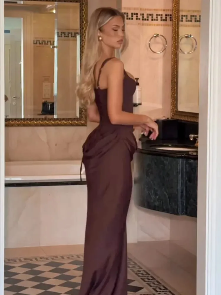 Lady Elegant Pleated Sling Dresses Solid Square Neck Sleeveless Off-shoulder Waist Cinching Dress Fashion Evening Party Gowns — image 3