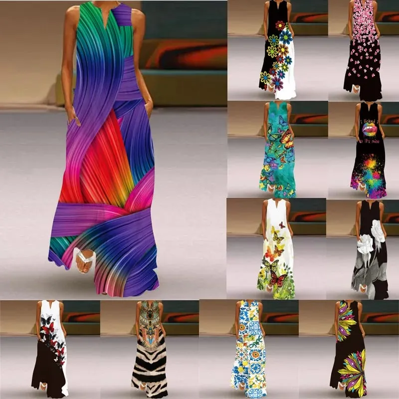 Women Dresses 2026 New summer wear sleeveless long dress V-neck printed emerald flower dress women's clothing vestidoes — image 2