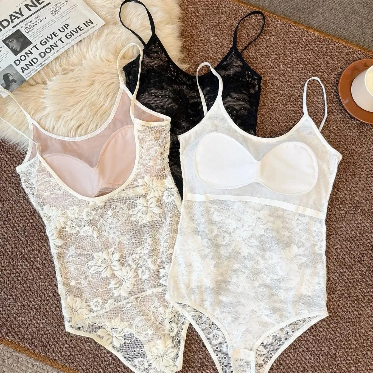 Sexy See Through Lace With Lining Elastic Spaghetti Strap Bodysuit Woman Sling Tight Short Jumpsuit Slim Fit Rompers Playsuits — image 3