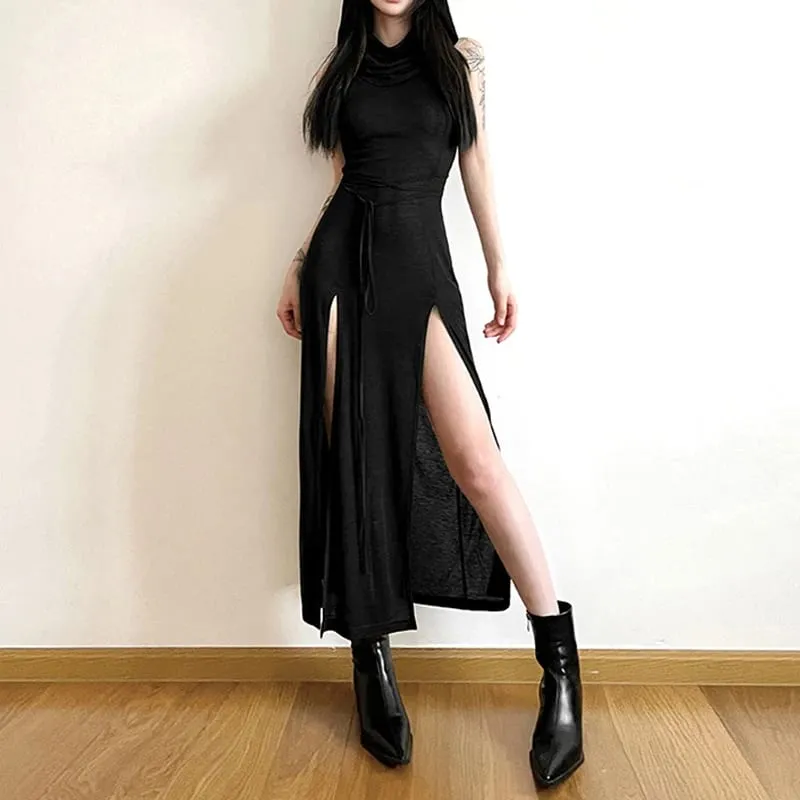 Goth Dark Cyber Gothic Desert Walker Hooded Klänningar Y2k Punk Grunge Hollow Out Midiklänning Dam Sexig Split Side Solid Streetwear