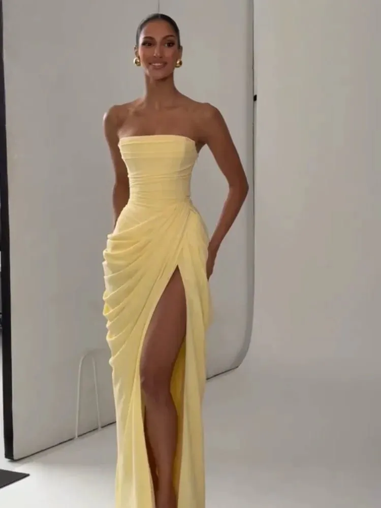 Solid Sexy Pleated Strapless Dress Women Chic Off-shoulder Backless High Waist Split Maxi Dresses 2026 New Evening Party Gown — image 2