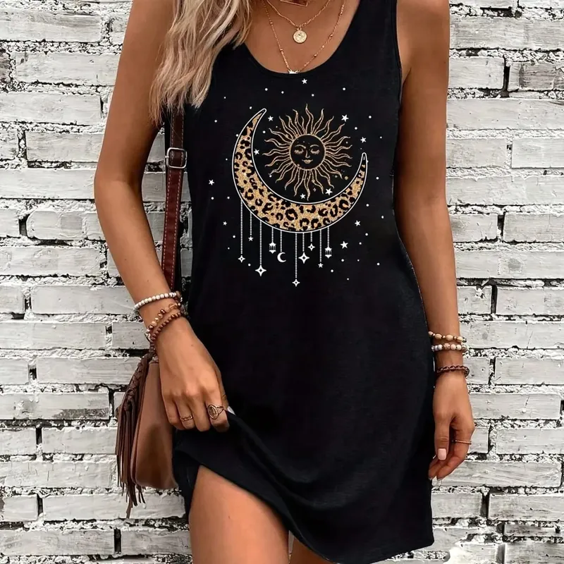 Mulheres verão sem mangas vestido regata sexy feminino verão solto sem mangas curto mini vestido com impressão preta — image 6