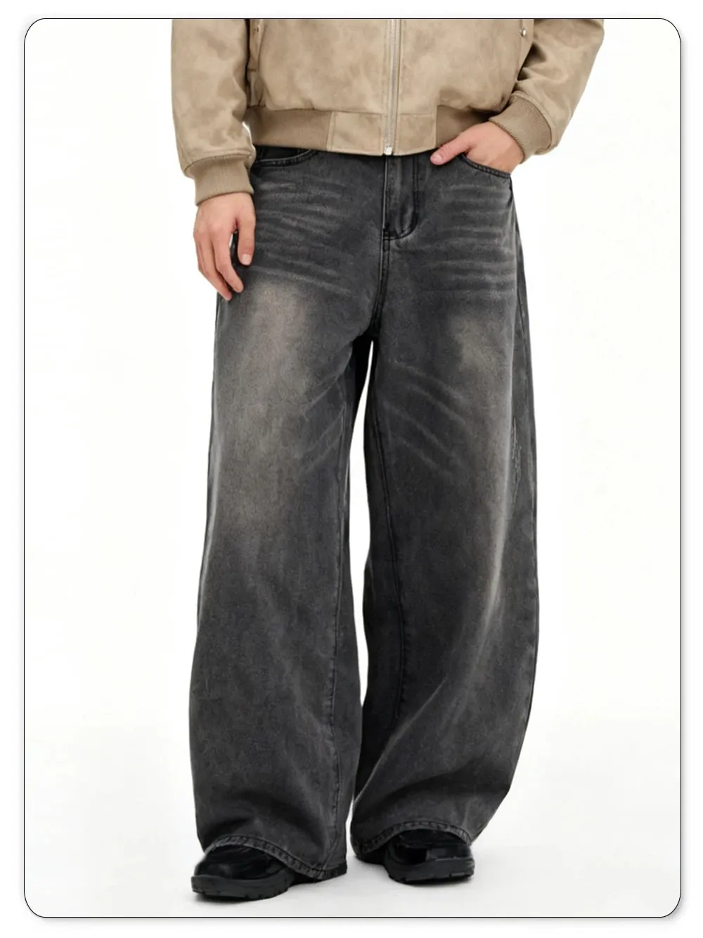 Men's American Retro Gray Baggy Wide Leg Jeans Daily Business Casual Loose Straight Leg Denim Pants Four Seasons Men's Clothes — image 9