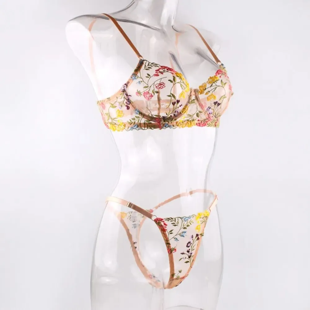 Conjunto de lingerie floral boêmia, 2 peças, roupa íntima bordada pura, íntima, versátil, sutiã push-up, conjunto de calcinha para mulheres e meninas — image 2
