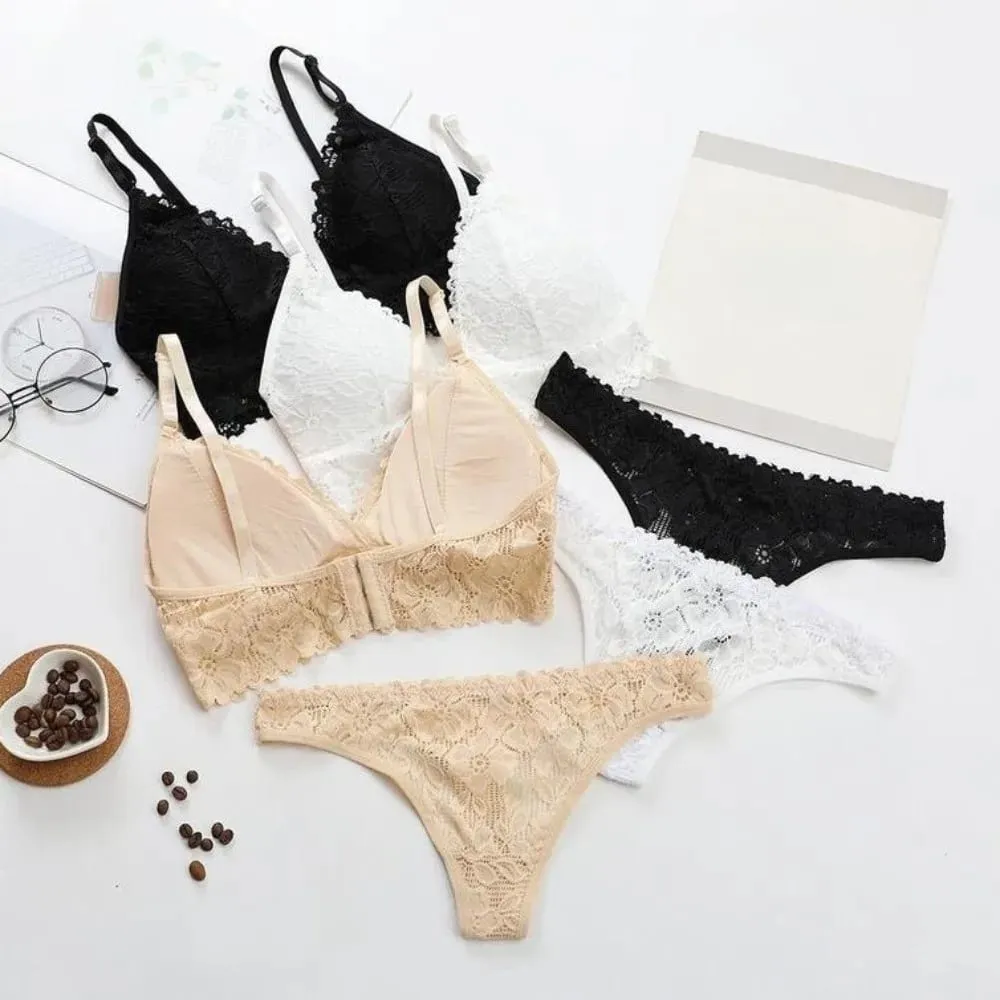 Sweet V Neck Lace Flower Bra Set Thong Solid Color Floral Panties Bra Kit Transparent Lingerie Lace Underwear Women