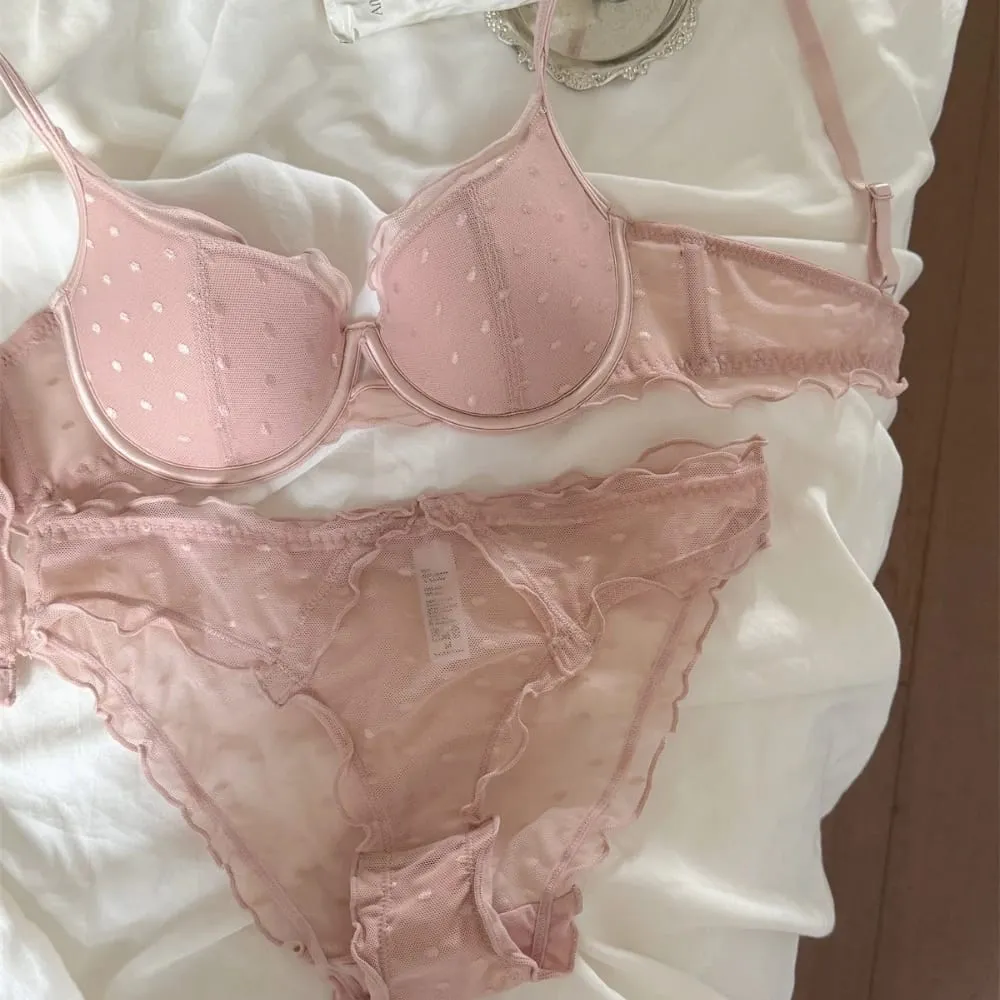 French Lace Women Underwear Sexy Hollow Thin Cup Push Up Bra Fashion Ladies Romantic Lingerie 4 Color Bras With Mesh Panties Set — image 5