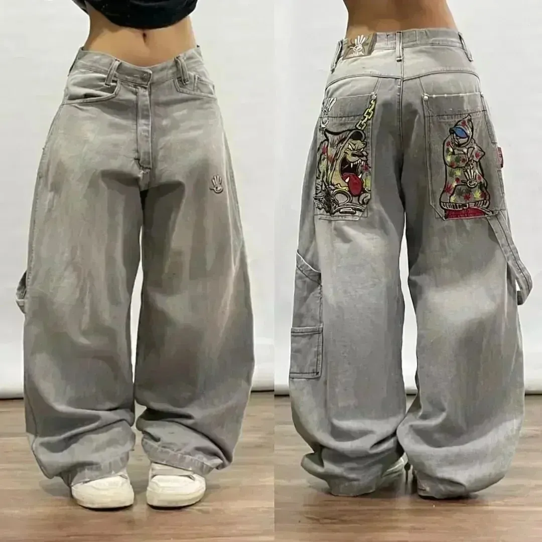 American Y2K Hip Hop Fashion Trend Skull Embroidery Spot Jeans Men Street Loose Straight Wide-leg Pants Couple Oversized Jeans — image 9
